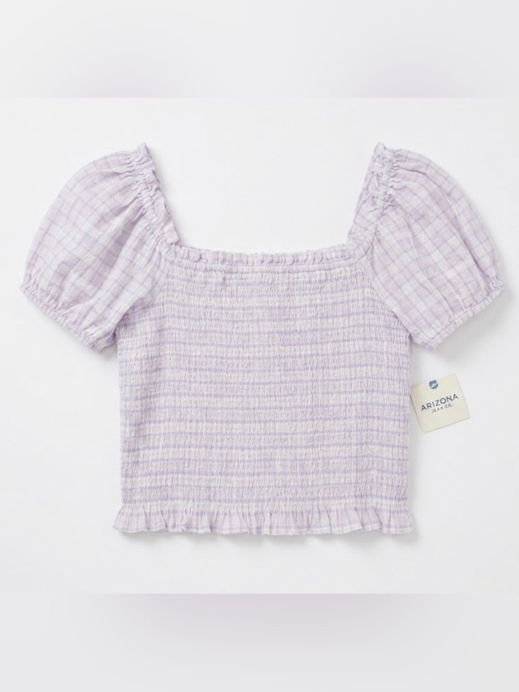 Lilac Smocked Puff Sleeve Crop Top Purple Plaid Large Arizona Jean Company